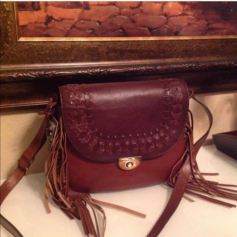 NWT Fossil Women’s Brown Leather Fringe Saddle Crossbody Bag - Picture 2 of 11